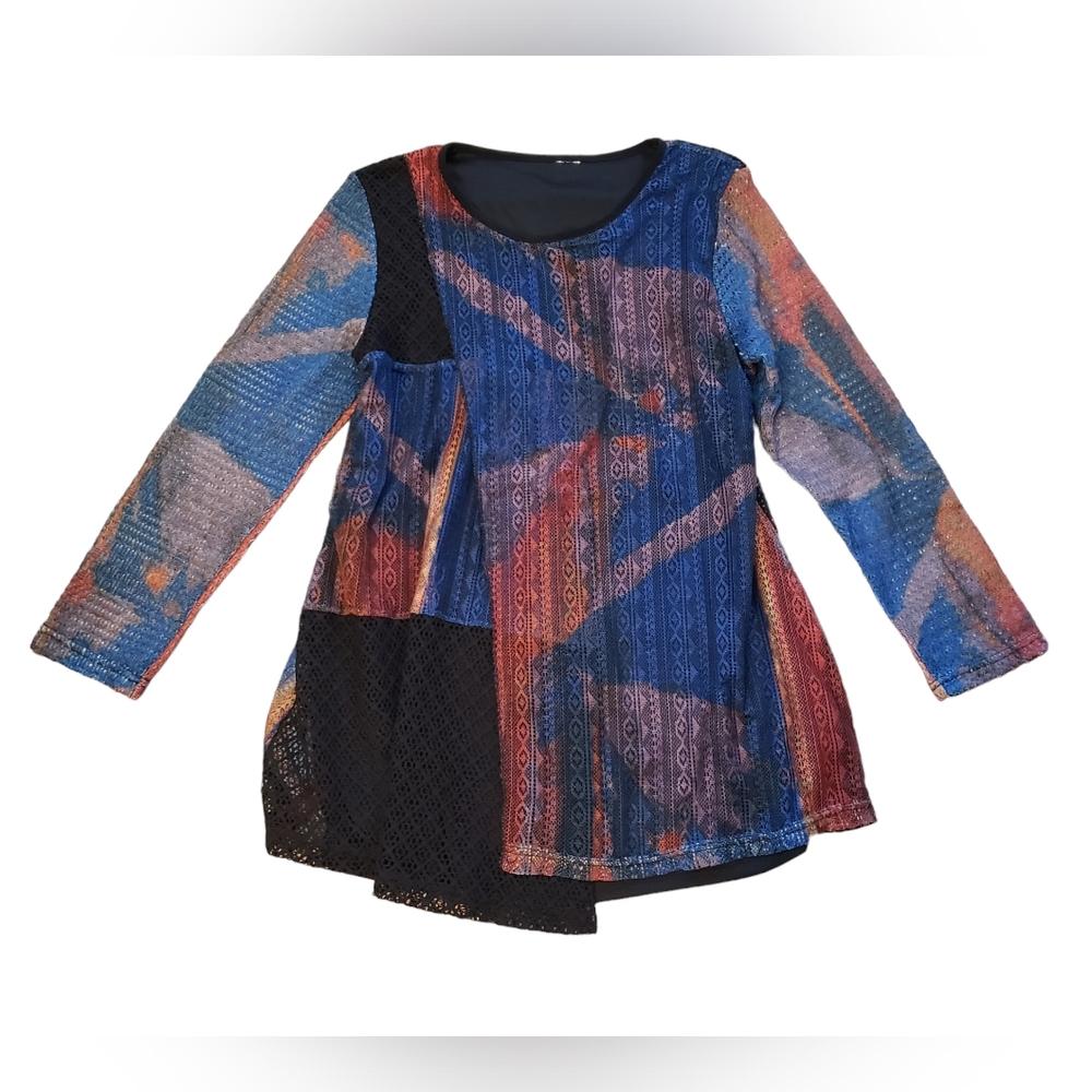 This & That Womens M Layered Mixed Media Longline Abstract Split Front Tunic Top